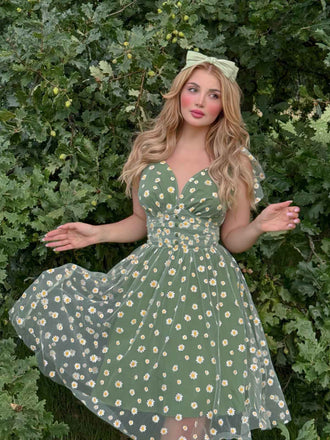 Grün 1950er Gänseblümchen Netz Swing Kleid