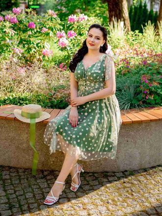 Grün 1950er Gänseblümchen Netz Swing Kleid