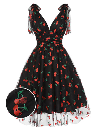 Schwarz 1950er Kirsche Gänseblümchen Netz Swing Kleid