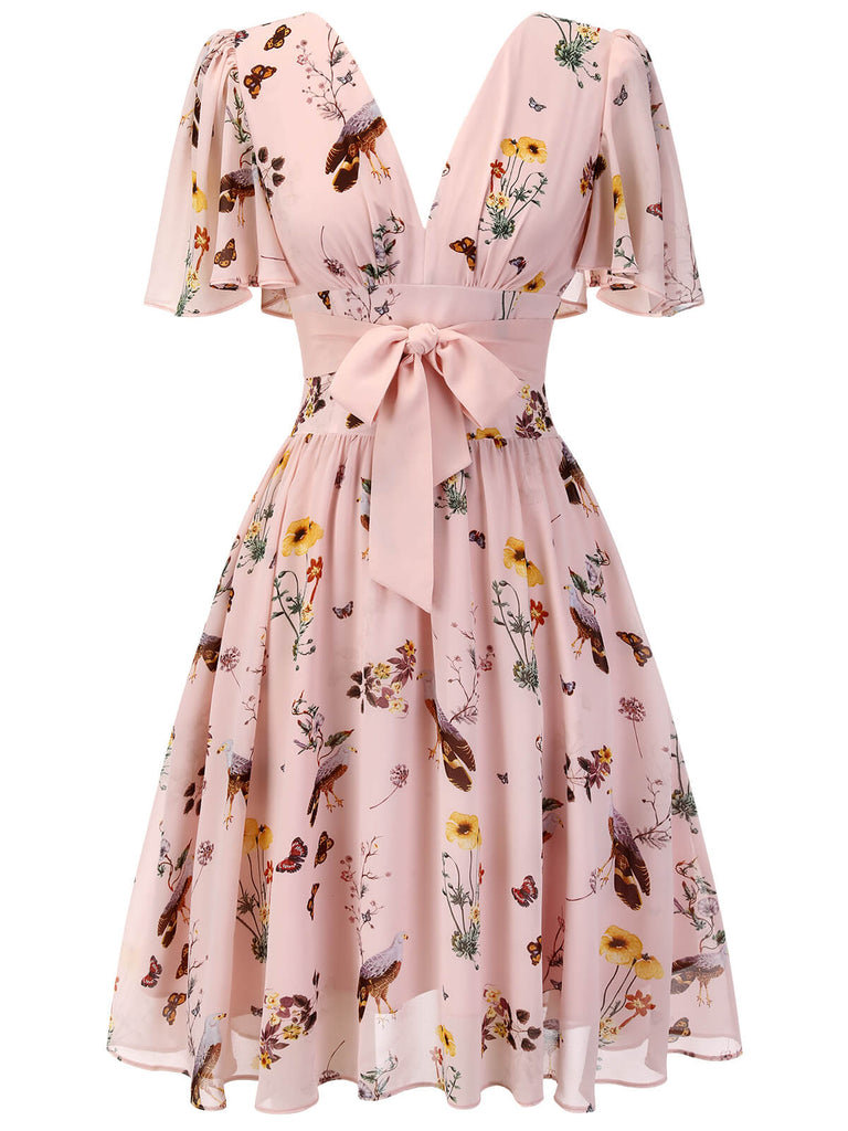 [Vorverkauf] Weiß 1950er Blumen Vögel Bowknot Kleid