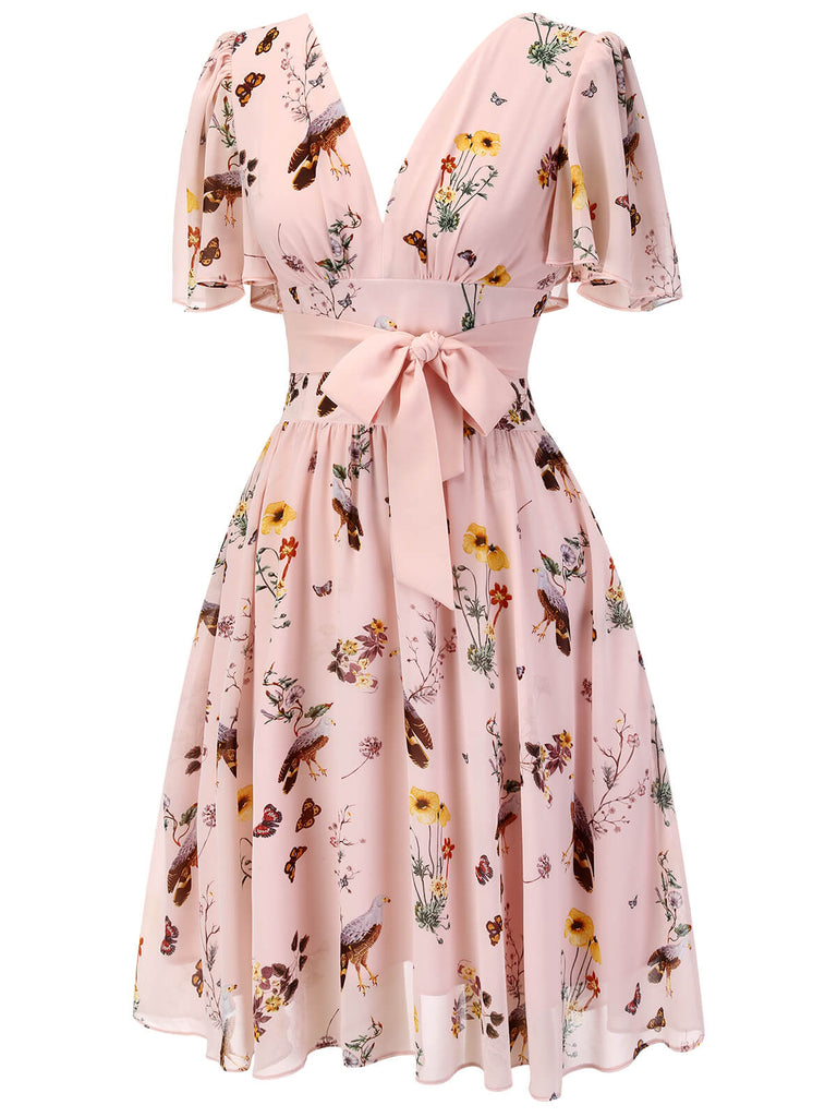 [Vorverkauf] Weiß 1950er Blumen Vögel Bowknot Kleid