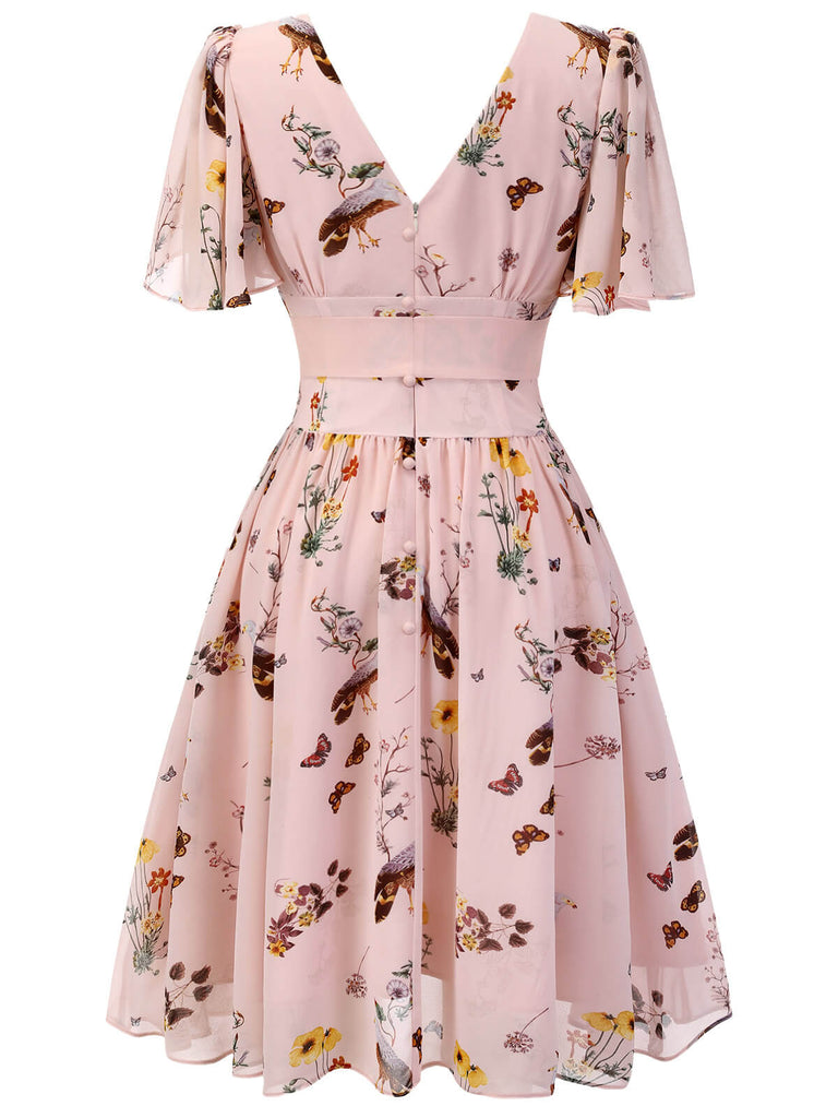 [Vorverkauf] Weiß 1950er Blumen Vögel Bowknot Kleid