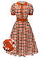 Orangefarbenes 1940er Puppenkleid Mit Hahnentritt Kragen