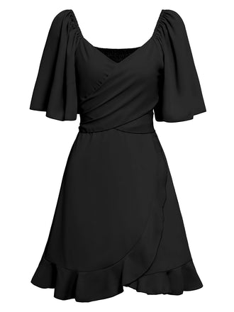 1930er Solide V-Ausschnitt Taille Rüschen Kleid