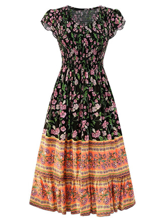 1970er Blumen Bedruckte Volantärmel Bohemian Kleid