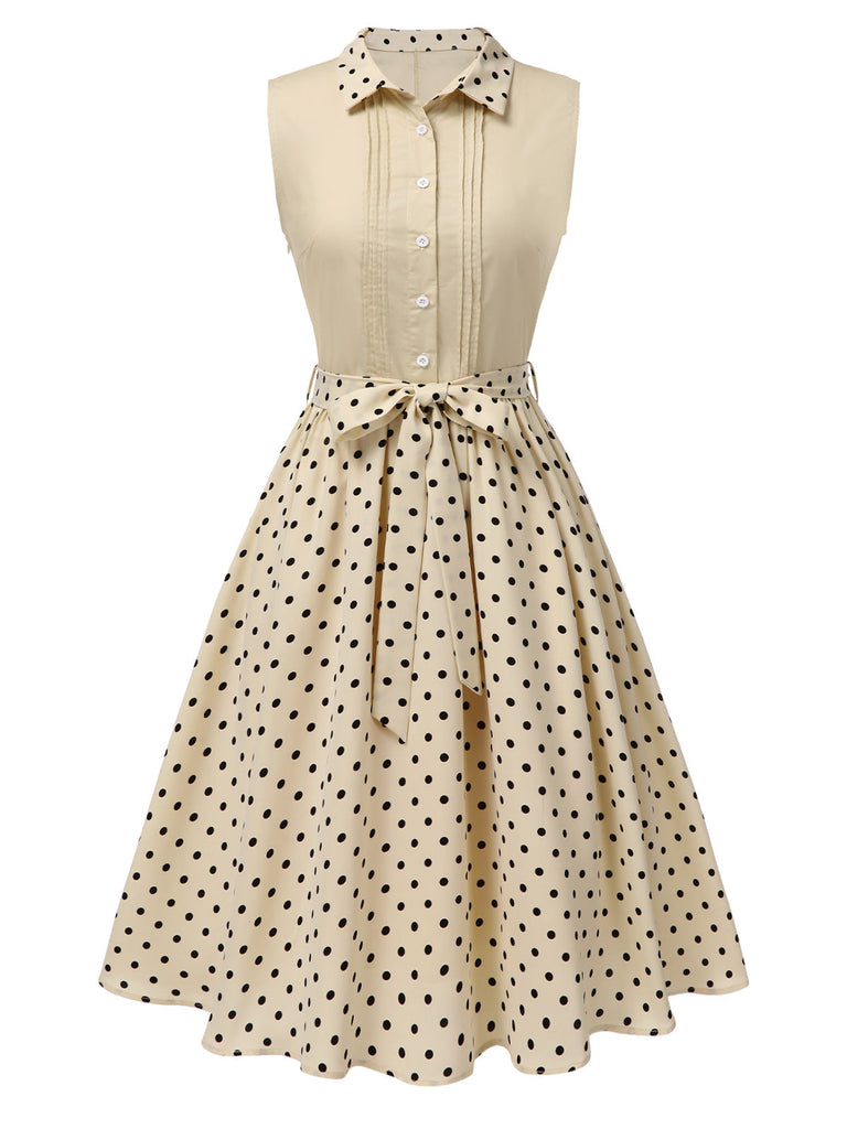 Beige 1940er Baumwolle Polka Dot Revers Kleid