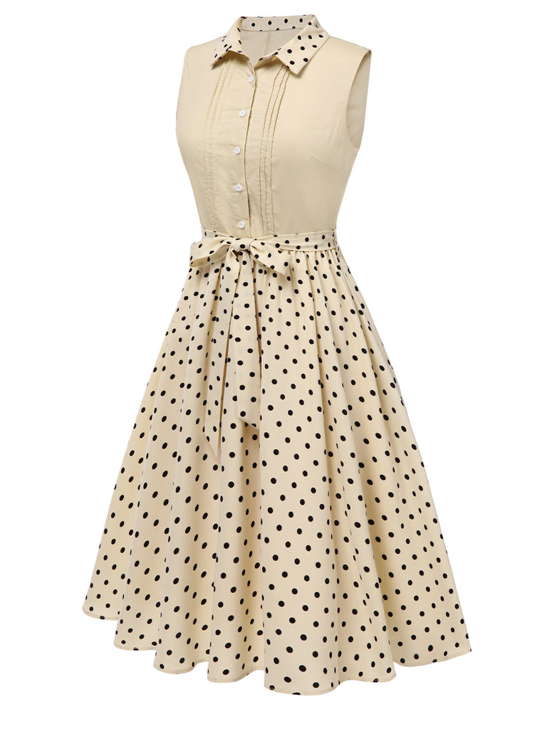 Beige 1940er Baumwolle Polka Dot Revers Kleid