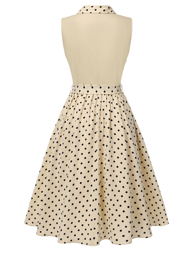 Beige 1940er Baumwolle Polka Dot Revers Kleid