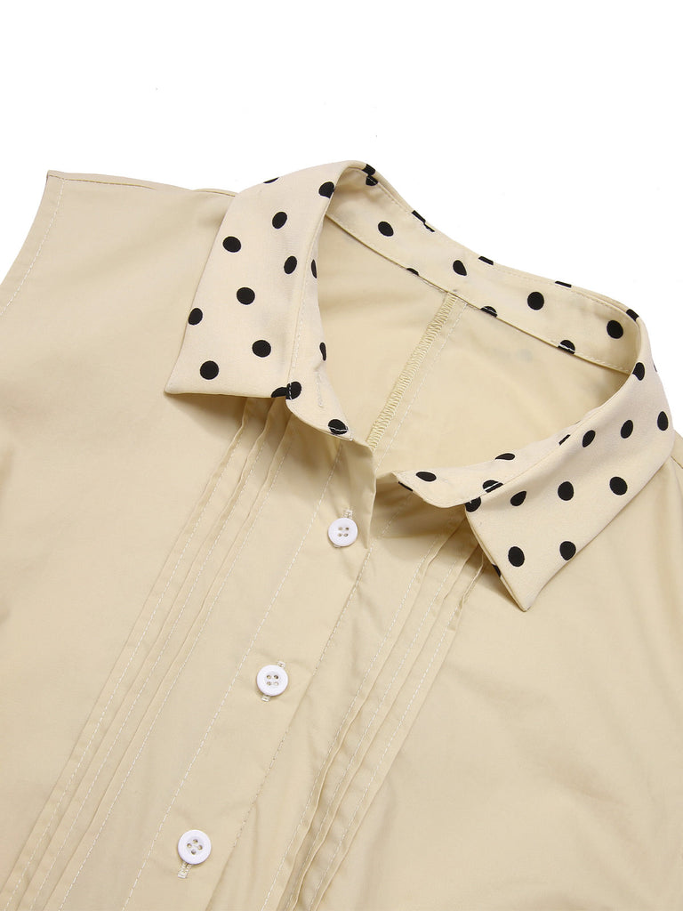 Beige 1940er Baumwolle Polka Dot Revers Kleid