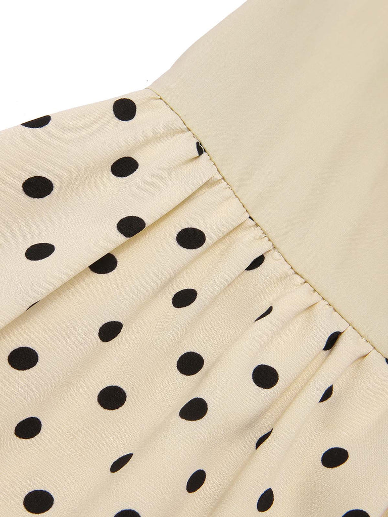 Beige 1940er Baumwolle Polka Dot Revers Kleid