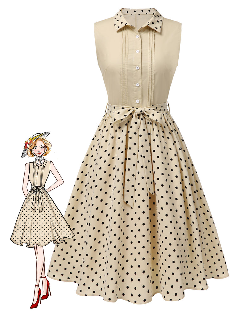 Beige 1940er Baumwolle Polka Dot Revers Kleid