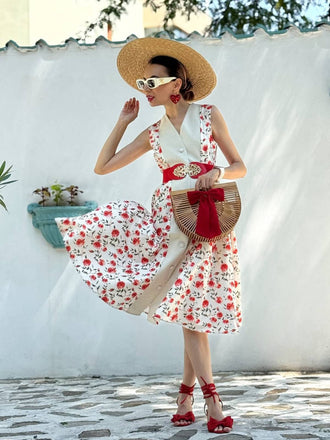 Beige & Rot 1950er Malerei Roses Gürtel Kleid