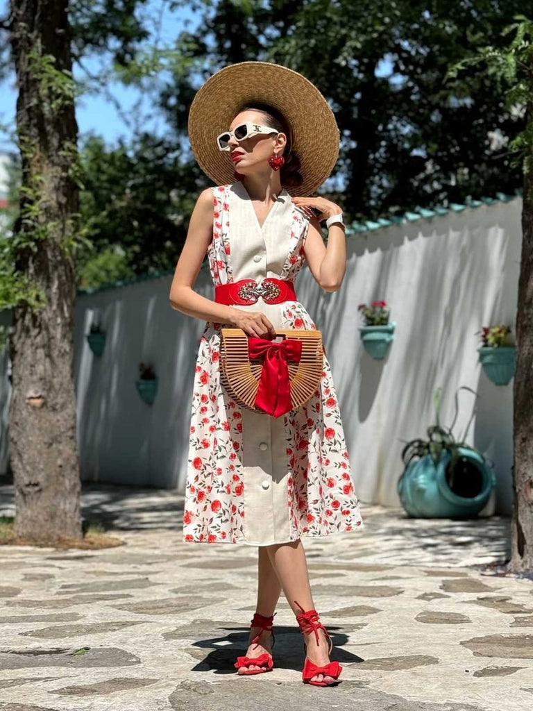 Beige & Rot 1950er Malerei Roses Gürtel Kleid