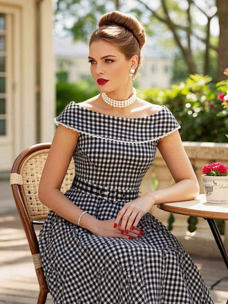 Schwarz 1950er Gingham Plaid Spitze Trim Gürtel Kleid