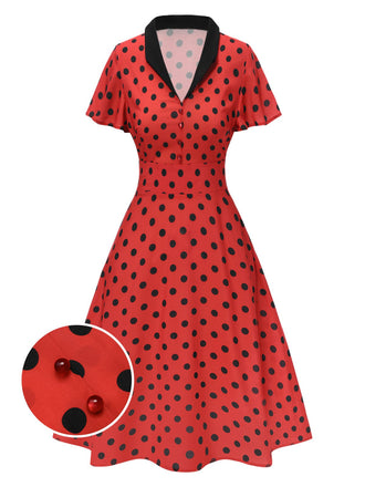 Tiefrot 1950er V-Ausschnitt Polka Dots Revers Kleid