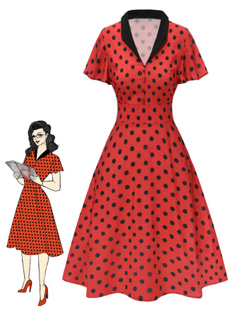 Tiefrot 1950er V-Ausschnitt Polka Dots Revers Kleid