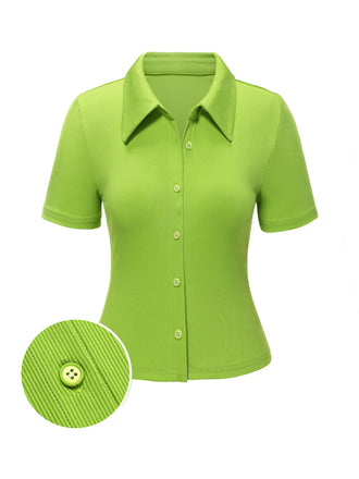 Grün 1960er Revers Stricken Solide Bluse