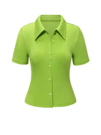 Grün 1960er Revers Stricken Solide Bluse