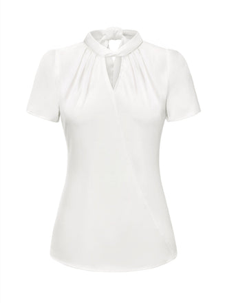 Weiß 1930er Solide Schlüsselloch-Ausschnitt Satin Bluse