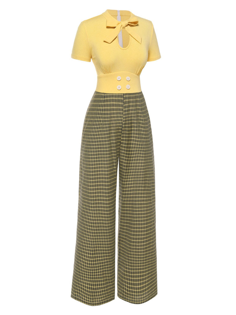 [Vorverkauf] Gelb 1930er Plaid Schlüsselloch-Ausschnitt Jumpsuit