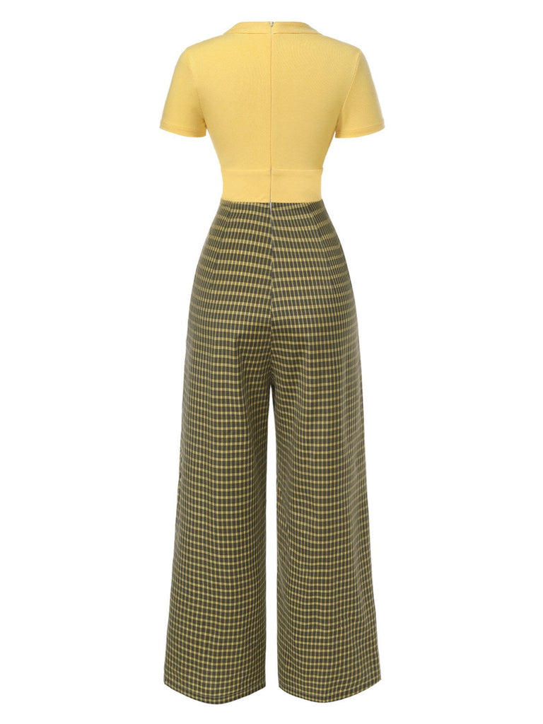 [Vorverkauf] Gelb 1930er Plaid Schlüsselloch-Ausschnitt Jumpsuit