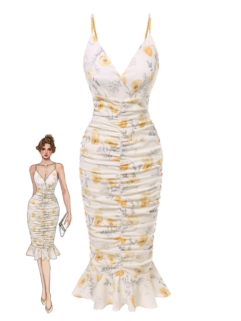 [Vorverkauf] Elfenbein 1930er Blumen Gerüschtes Meerjungfrauen Kleid
