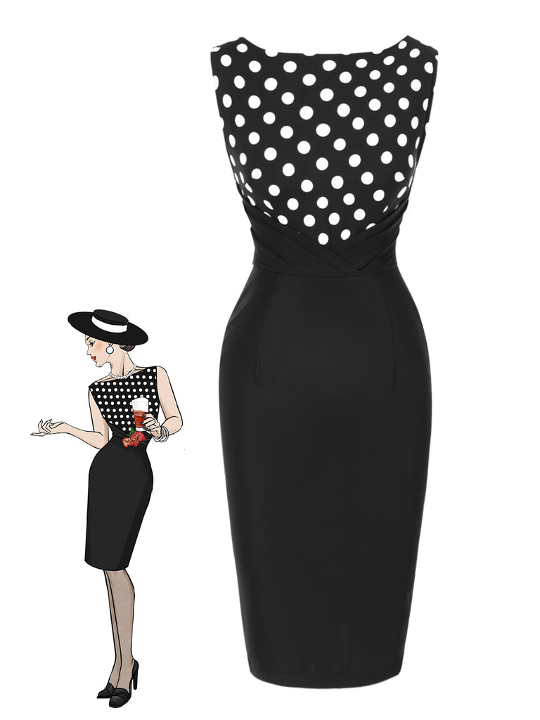[Vorverkauf] Schwarz 1960er Polka Dots Patchwork Bleistift Kleid