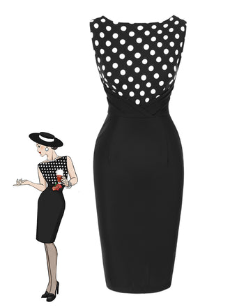 [Vorverkauf] Schwarz 1960er Polka Dots Patchwork Bleistift Kleid