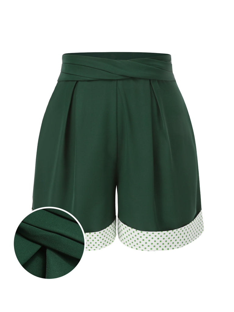 [Vorverkauf] Grün 1950er Plissiertes Tupfen Patchwork Shorts