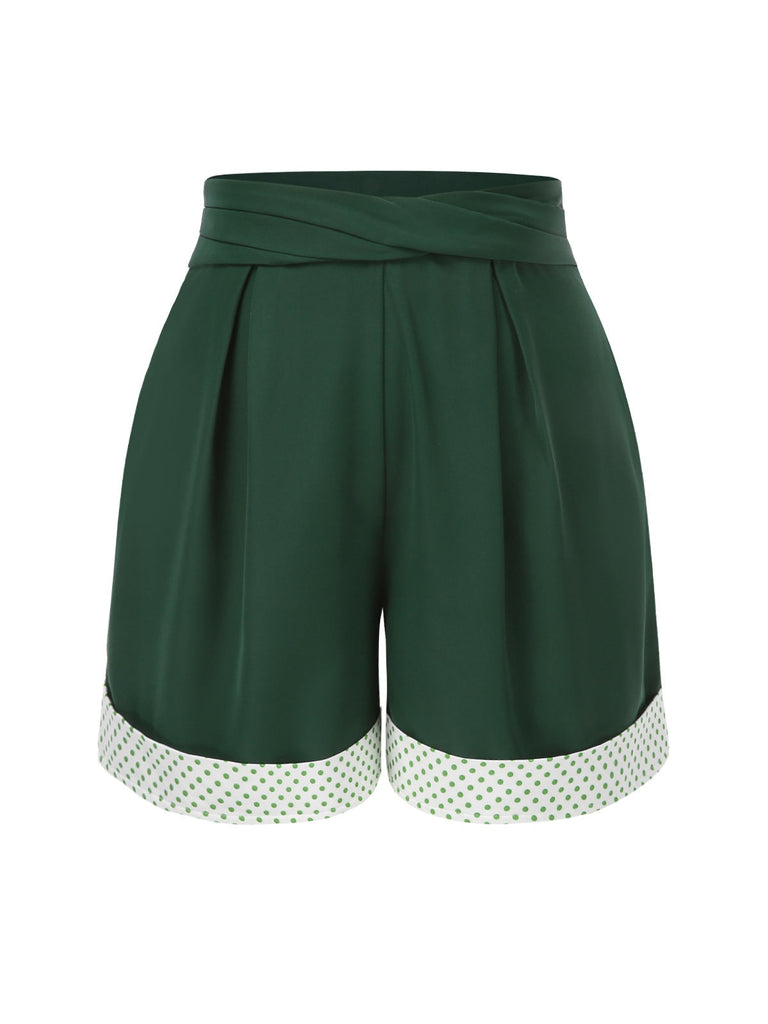 [Vorverkauf] Grün 1950er Plissiertes Tupfen Patchwork Shorts