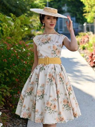 Gelb 1950er Bootskragen Antiquität Blumen Kleid