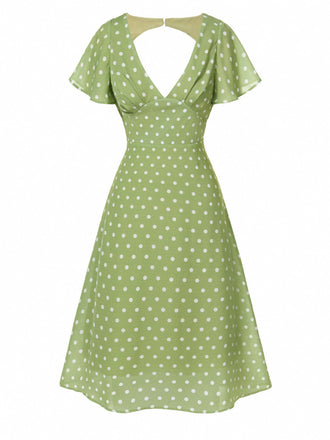 Grün 1940er Rücken-Hohl Polka Dots Kleid