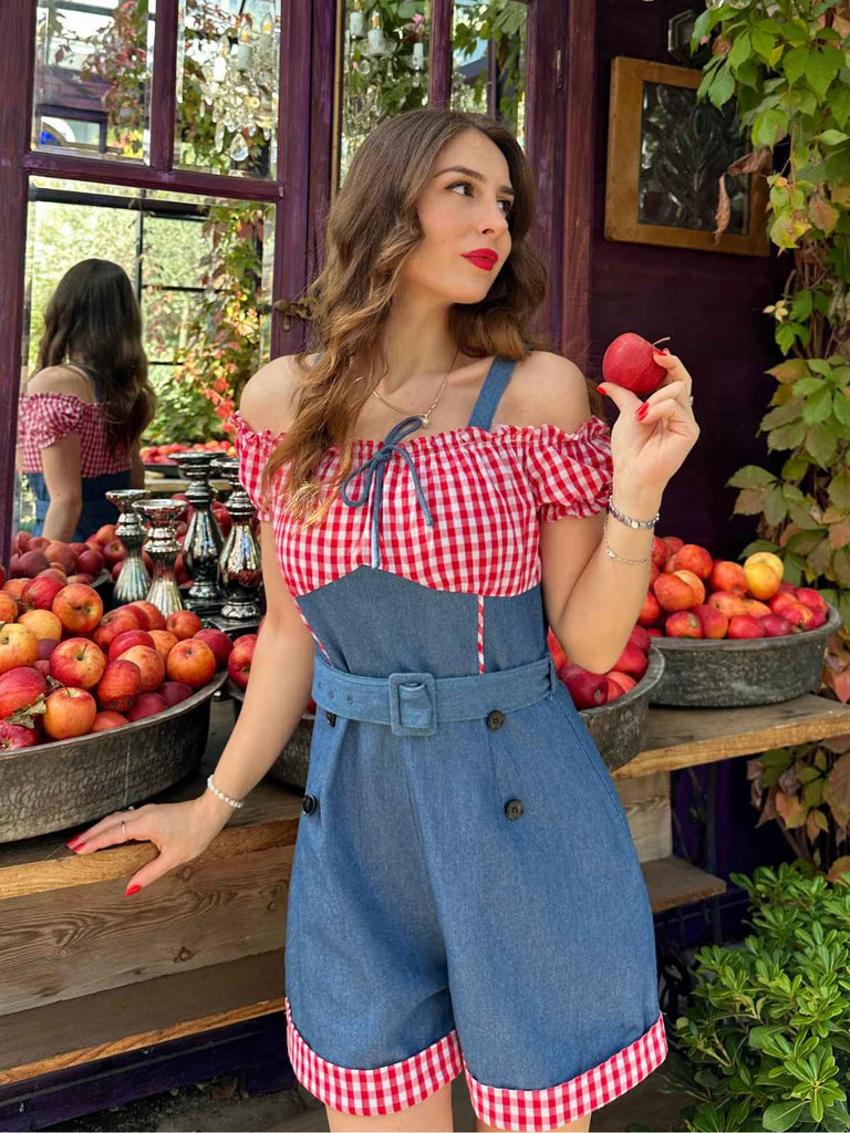 1950er Schulterfrei Plaids Kontrast Denim Romper