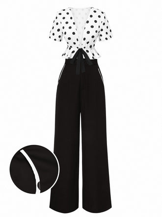 2PCS 1950er Tief V-Ausschnitt Polka Dots Top & Gerades Bein Hosen