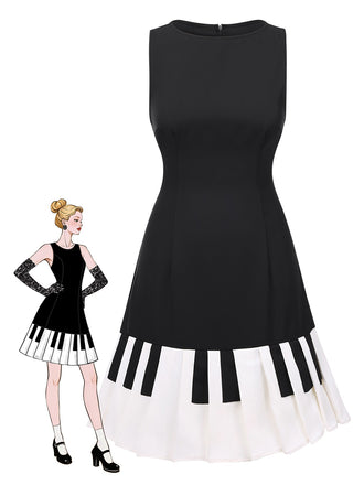 Schwarz 1960er Boot Ausschnitt Klaviertaste Patchwork Kleid