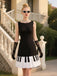Schwarz 1960er Boot Ausschnitt Klaviertaste Patchwork Kleid