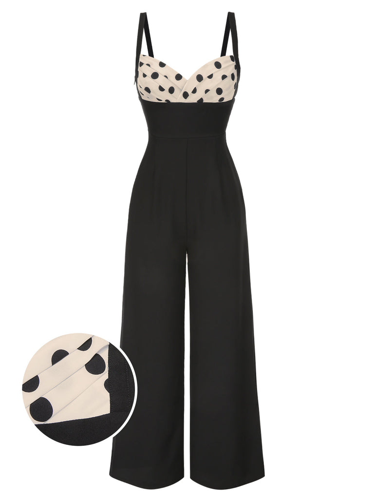 [Vorverkauf] Schwarz 1950er Träger Bogen-Zurück Polka Dots Jumpsuit