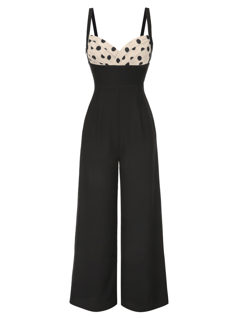 [Vorverkauf] Schwarz 1950er Träger Bogen-Zurück Polka Dots Jumpsuit