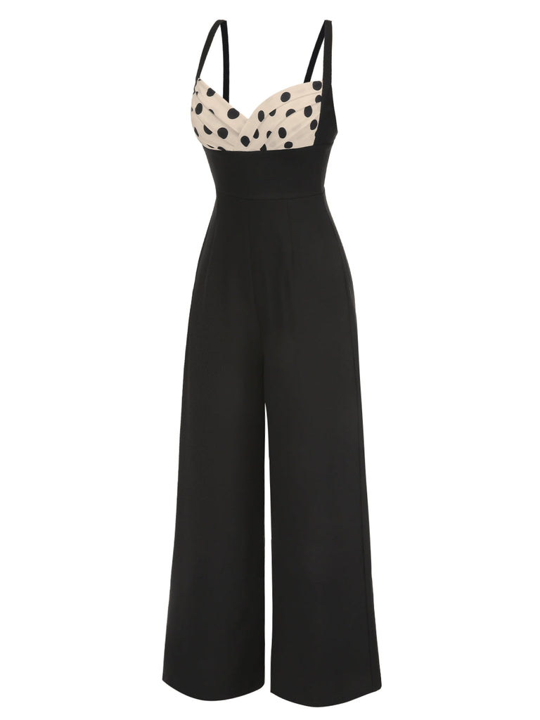 [Vorverkauf] Schwarz 1950er Träger Bogen-Zurück Polka Dots Jumpsuit
