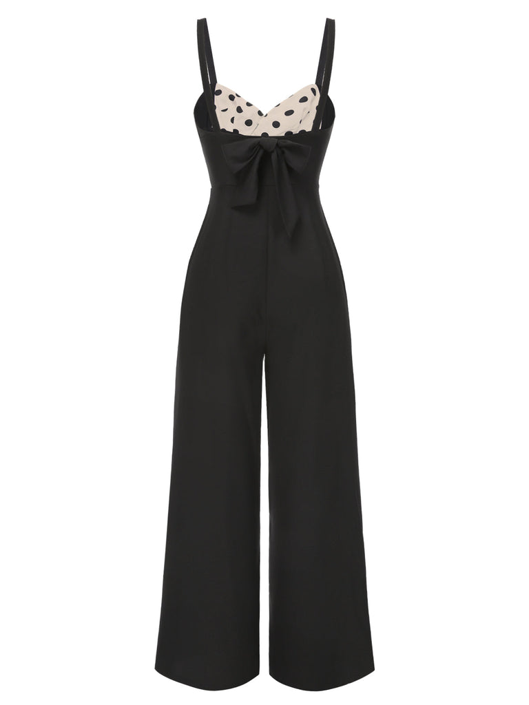 [Vorverkauf] Schwarz 1950er Träger Bogen-Zurück Polka Dots Jumpsuit