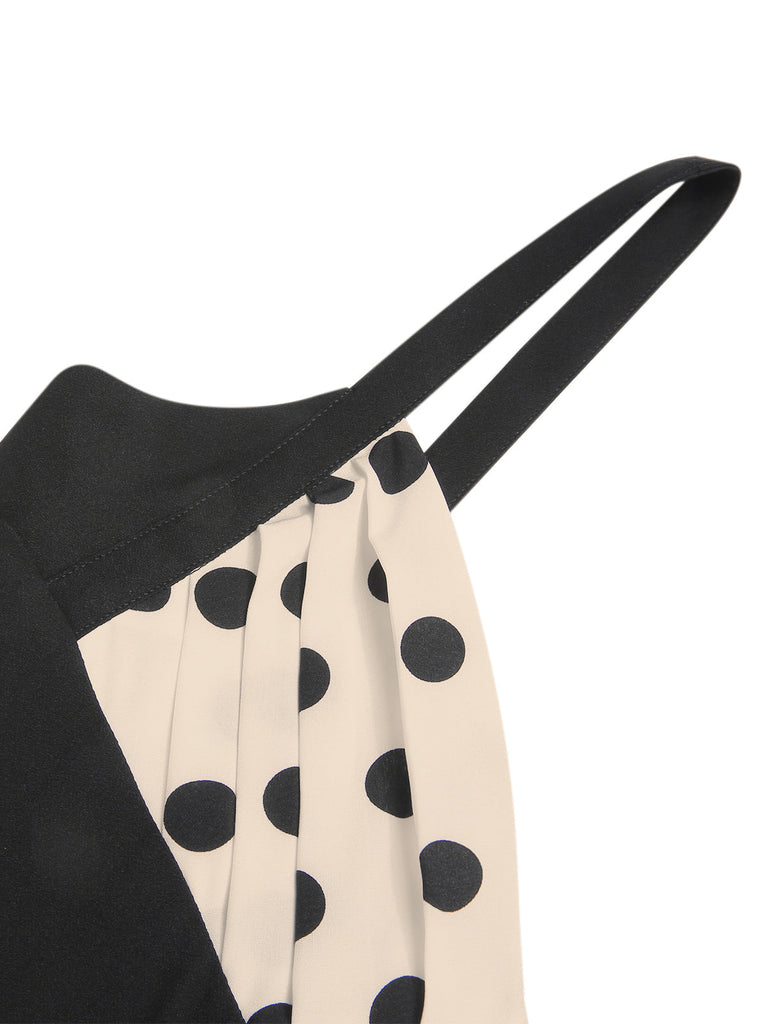 [Vorverkauf] Schwarz 1950er Träger Bogen-Zurück Polka Dots Jumpsuit