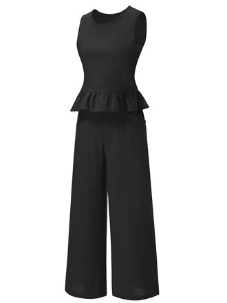 2PCS 1940er Solide Rüschen Tank Top & Gerade Hosen