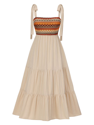 Beige 1950er Boho-Stil Schulterkrawatte Kleid