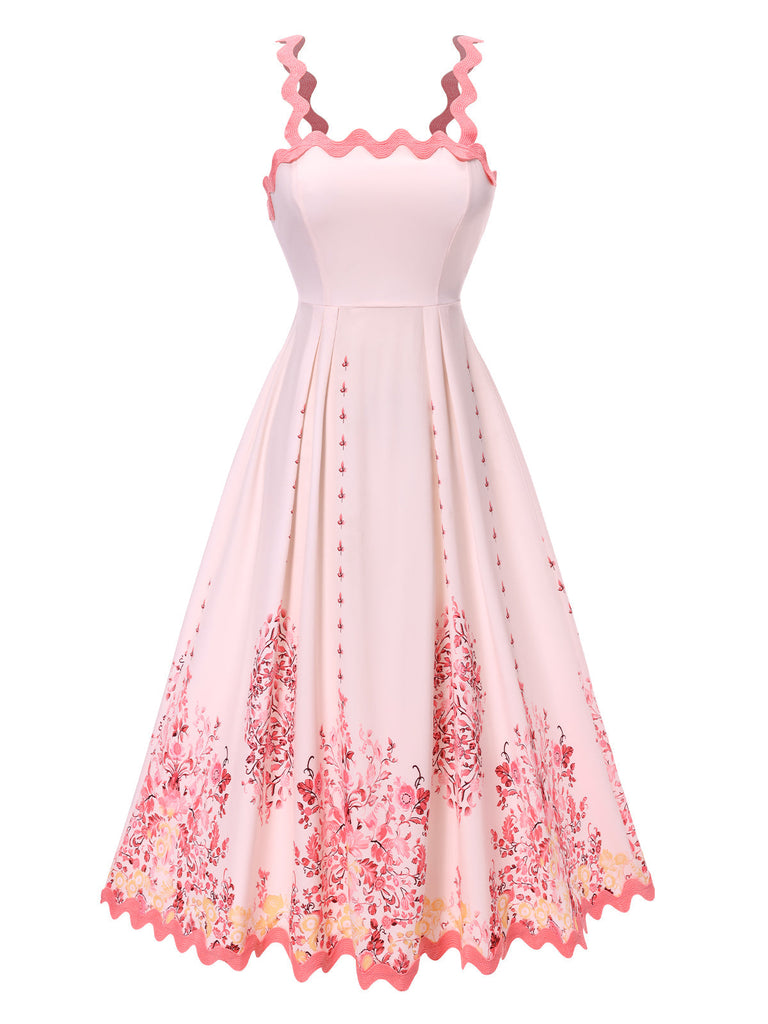 Rosa 1950er Bohemien Blumen Rückenfrei Spaghetti Träger Kleid