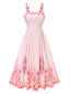 Rosa 1950er Bohemien Blumen Rückenfrei Spaghetti Träger Kleid