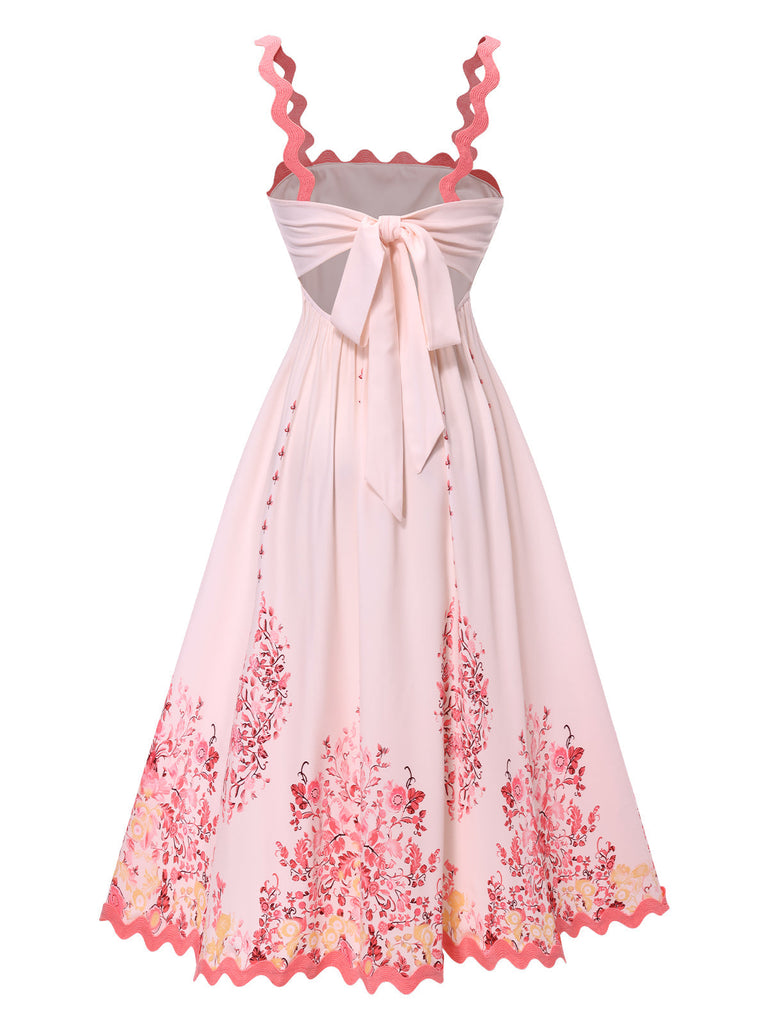 Rosa 1950er Bohemien Blumen Rückenfrei Spaghetti Träger Kleid
