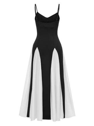 Schwarz & Weiß 1930er Solide Patchwork Maxi Kleid