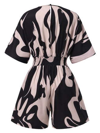 Mehrfarbig 1940er V-Ausschnitt Gedruckt Fledermausflügel Romper