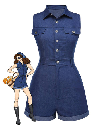 [Vorverkauf] Cowgirl Blau 1970er Solide Baumwolle Ärmellos Denim Romper