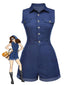 Cowgirl Blau 1970er Solide Baumwolle Ärmellos Denim Romper